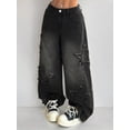 thumbnail image 6 of Grey Wide-Leg Baggy Jeans With Distressed Star Appliqué For Women, 6 of 30