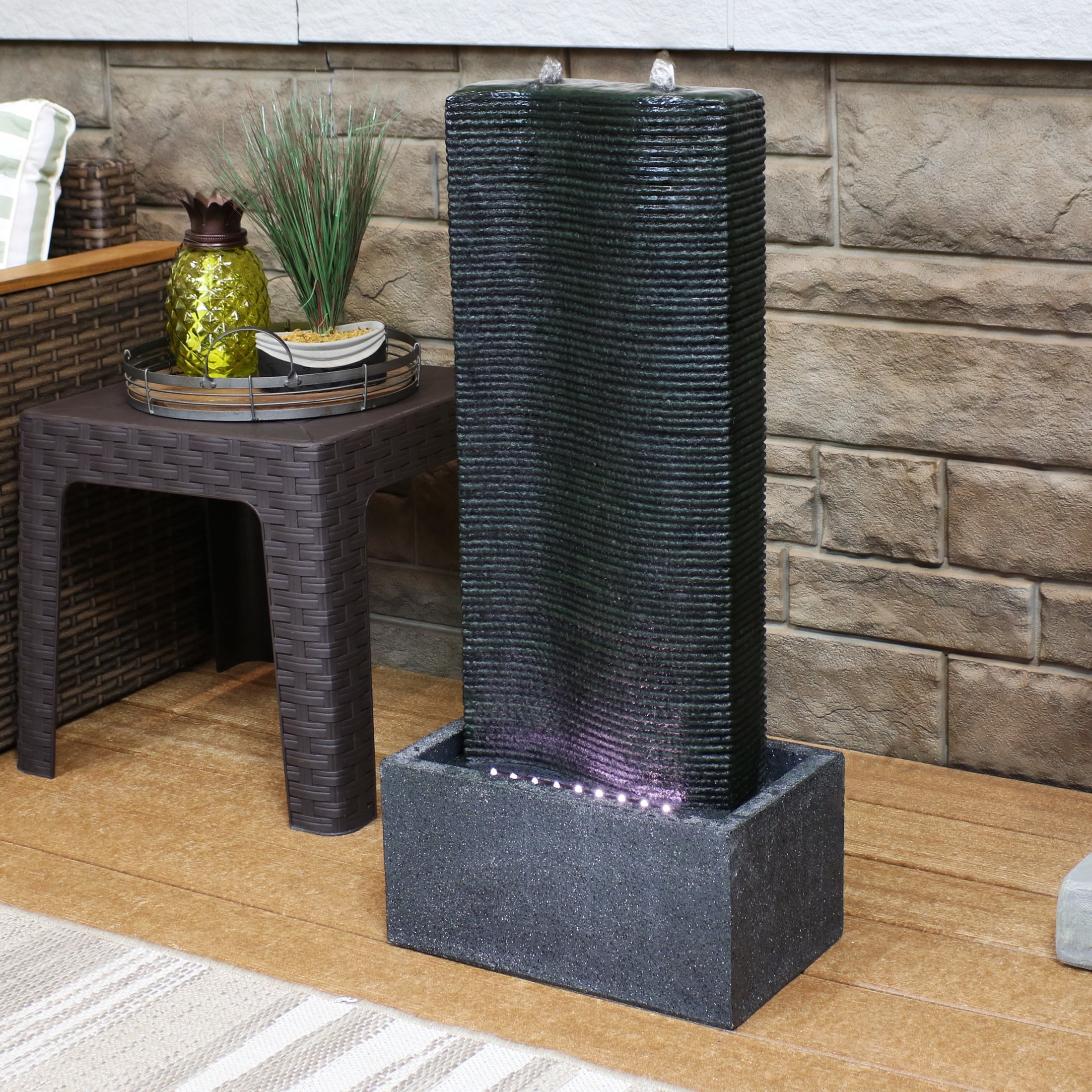 Sunnydaze Rippling Tower Polyresin Outdoor Water Fountain with Lights