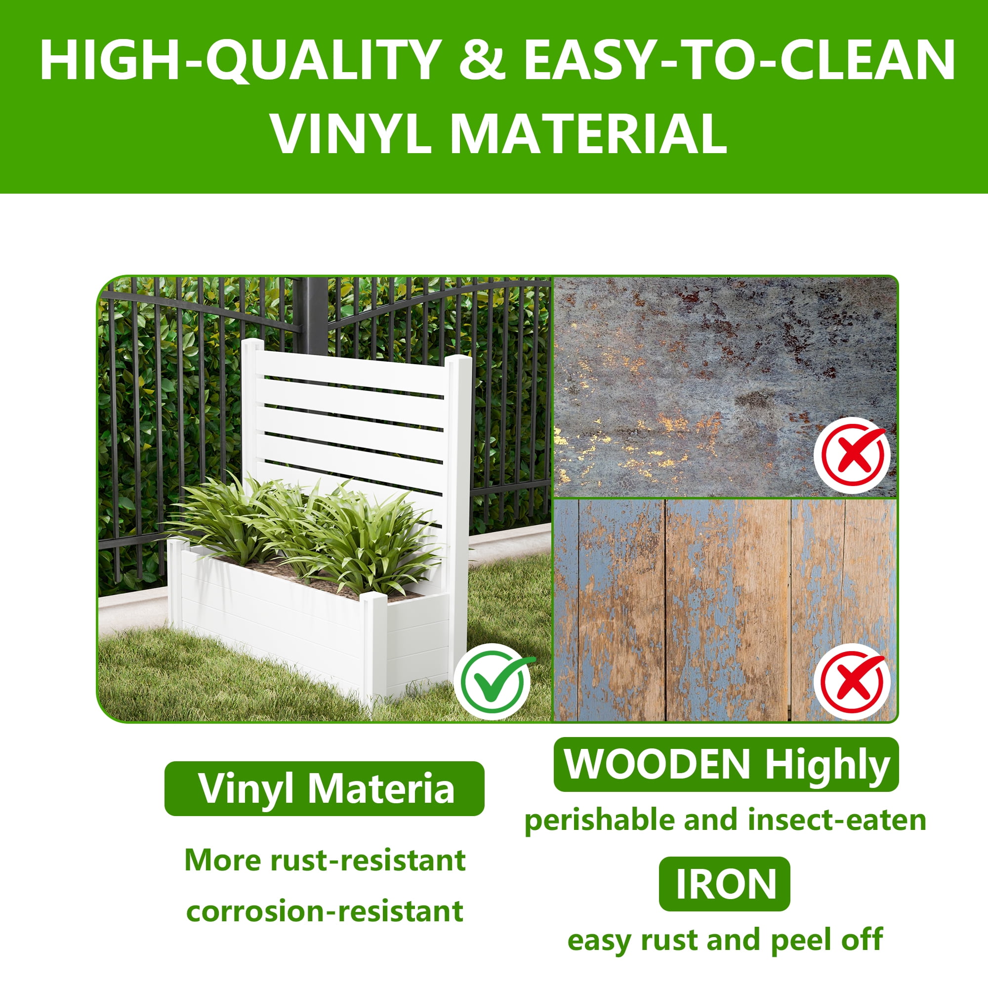 MAYEERTY Outdoor White PVC Rectangular Planter Box with Trellis for Climbing Plants, Raised Garden Bed
