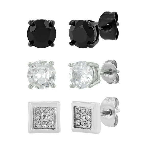 Men's Stainless Steel Set of 3 Black and White Finish Stud Earrings - Believe by Brilliance