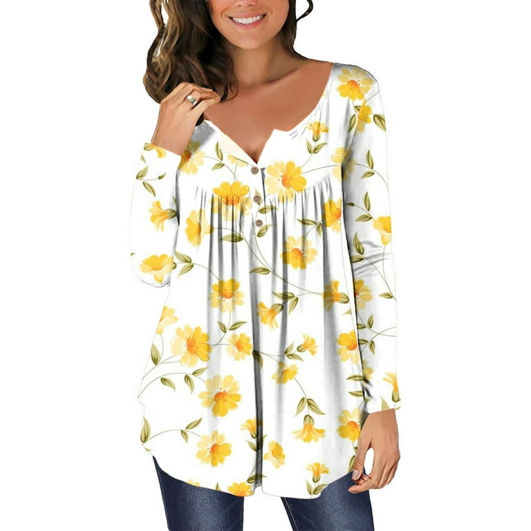 Tunic Tops to Wear with Leggings Dressy Plus Size Tops for Women Comfy  Flowy Pleated Long Shirt Henley Floral Printing Long Sleeve Shirts White L