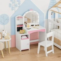 Zidtia 2-in-1 Kids Vanity Set with Mirror & Chair, Wooden Makeup Desk with Jewelry Storage, Princess Dressing Table for Toddlers & Little Girls, Whit