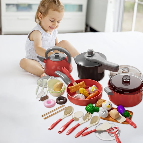Kids Pretend Kitchen Cookware Toy Set, Pots Pans Kettle Pressure Cooker with Utensils Tableware Simulation Food, Chef Cooking Role Play Toys for Toddlers Boys Girls Birthday Gifts