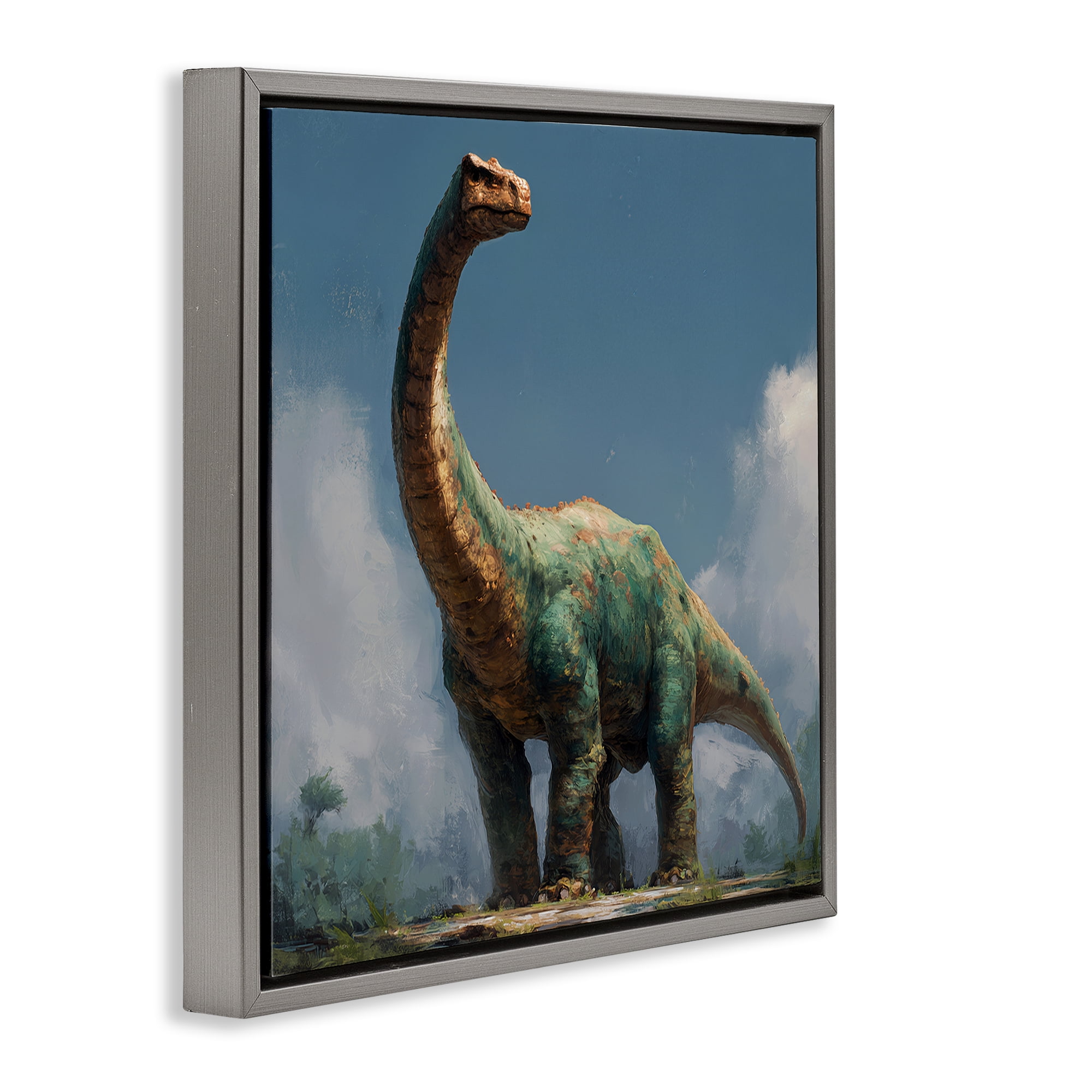 Stupell Industries Colossal Brontosaurus in Meadow Gray Framed Floater Canvas Wall Art, design by Wumples