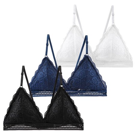 

Popvcly Women s Bra French Lace Triangle Cup Underwear Deep V Breathable Comfort Wirefree Bra 3-Pack