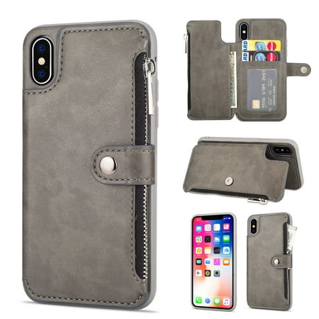 - iPhone XS Case, iPhone X Case with Cards Holder, Allytech PU Leather Kickstand Slim Fit Shockproof Heavy Duty Protective Credit Cards Holder Wallet Case Cover for Apple iPhone XS, iPhone X, Gray