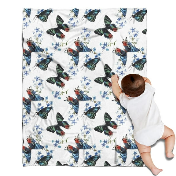 White Butterfly Blue Flower Pattern Blanket,Comfortable Soft Flannel Throw Blanket,All Season,Warm Lightweight Blankets for Sofa Bed Couch Living Room Chair,30"x40"