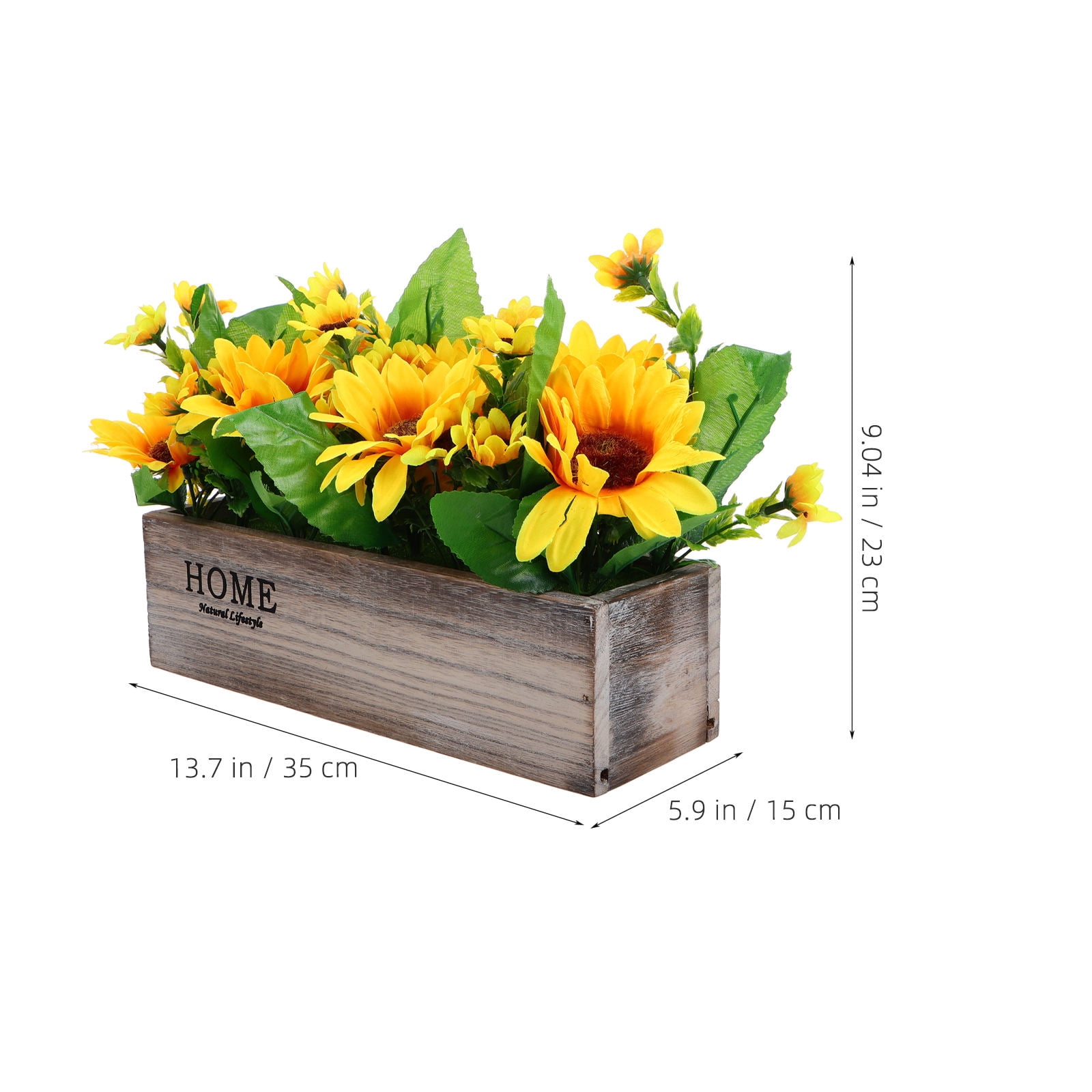 Rustic Sunflowers Potted Plant Artificial Flowers Bouquets In Rectangular Wooden Planter Summer Floral Centerpiece For Farmhouse Kitchen Country Table Decor