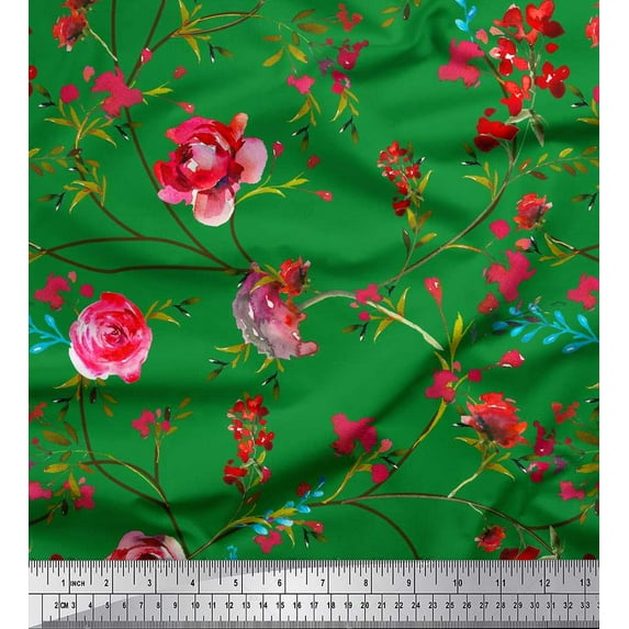 Soimoi Green Rayon Fabric Leaves & Ranunculus Floral Printed Fabric 1 Yard 56 Inch Wide