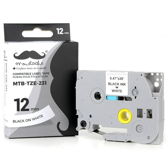 Moustache Frère TZe-231 Étiquette Ruban, 12mm (0.47"), Noir sur Blanc, Compatible
