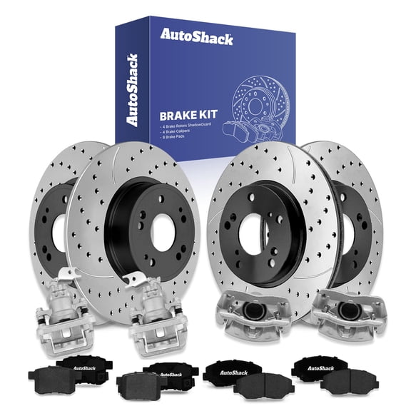 AutoShack Front Vented & Rear Solid Drilled & Slotted E-Coated Brake Rotors   Ceramic Pads   Calipers 16-PC Brake Kit Replacement for 2008-2012 Honda Accord ShadowGuard