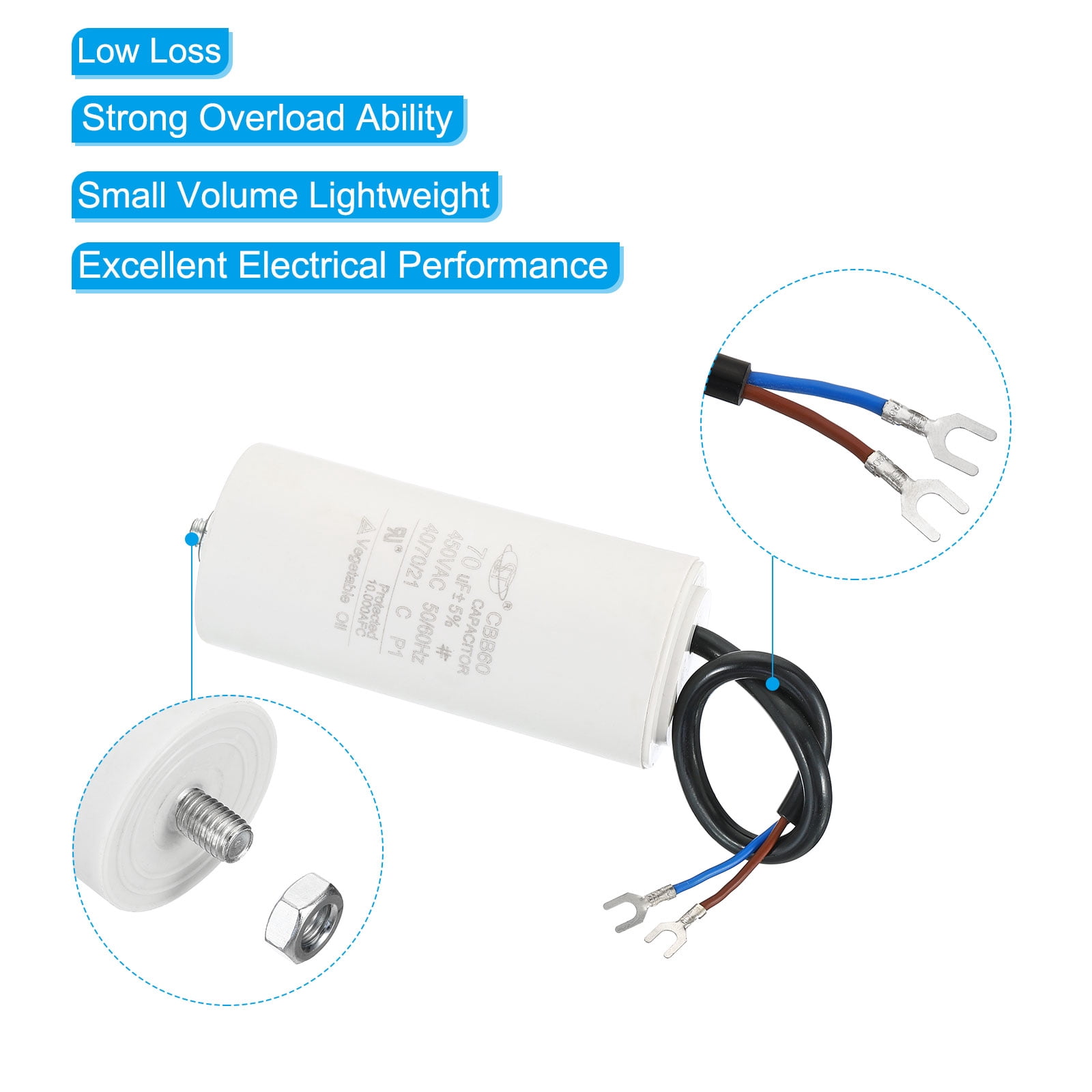 Uxcell CBB60 70uF Run Capacitor,2Pcs AC450V 2 Wire 50/60Hz Cylinder with Screw 115x50mm