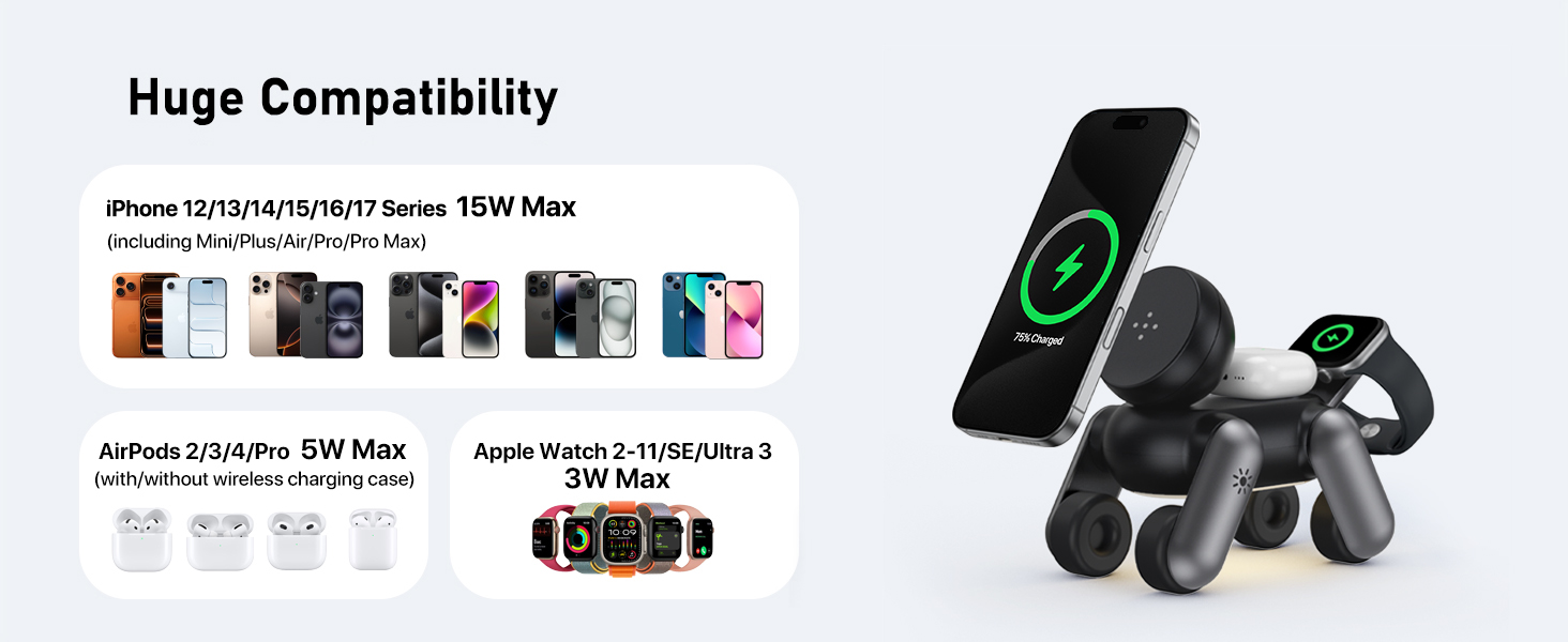 Waloo 3-in-1  Puppy Wireless Charger Stand for iPhone, Apple Watch & AirPods