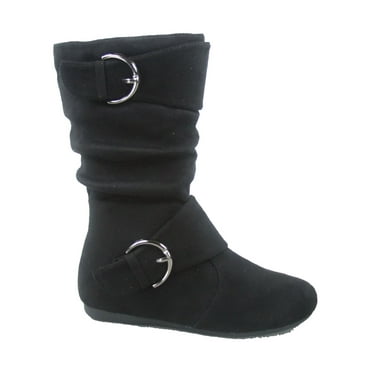 Klein-70 Girls Kid's Causal Flat Heel Buckles Zipper Slouchy Mid Calf Boots Shoes ( Black, 1 )