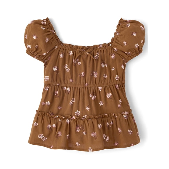 The Children's Place Girls Short Sleeve Floral Textured Puff Sleeve Top, Sizes XS-XXL