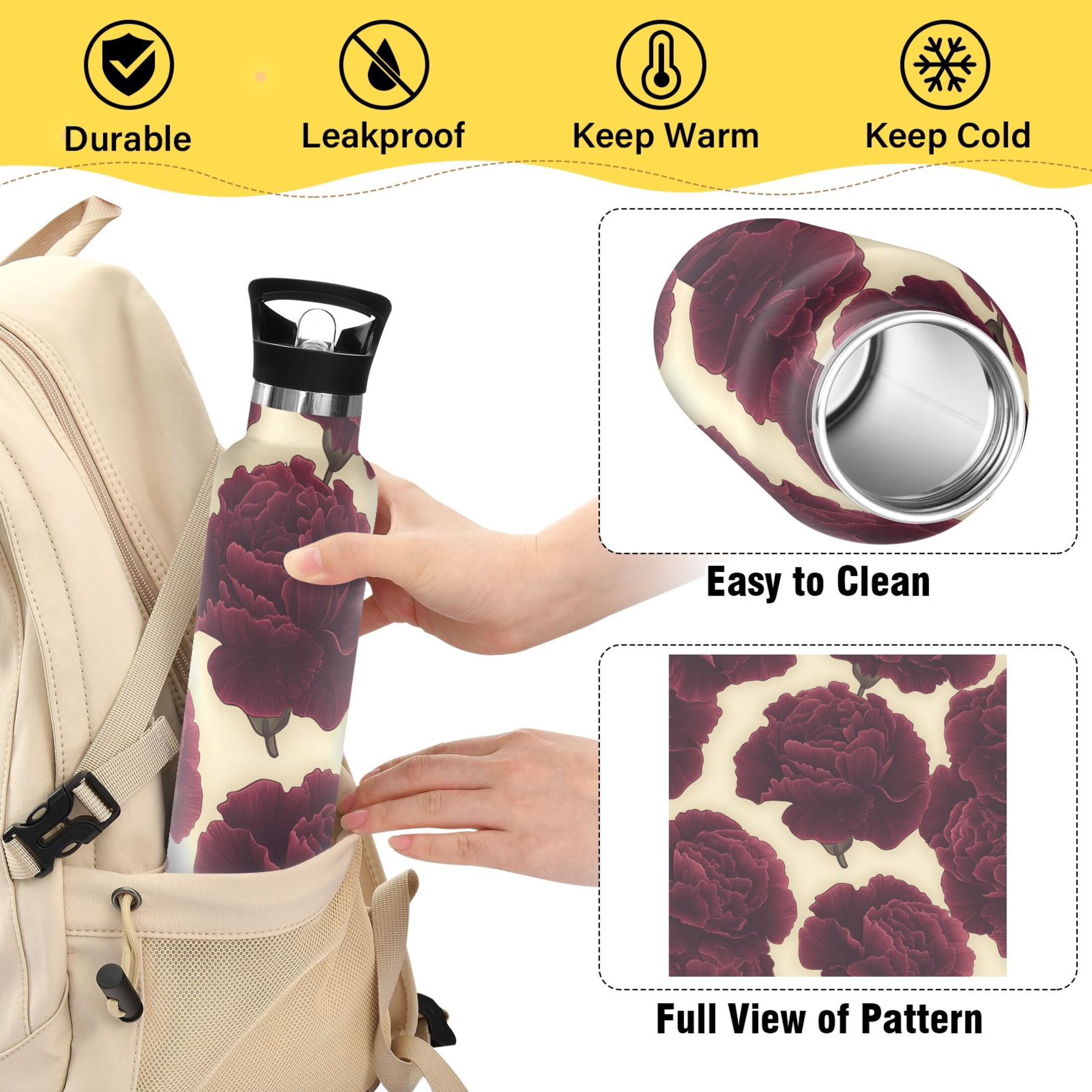 Kids Insulated Stainless Steel Sports Water Bottle 600ml (20oz) Dark Red Carnations