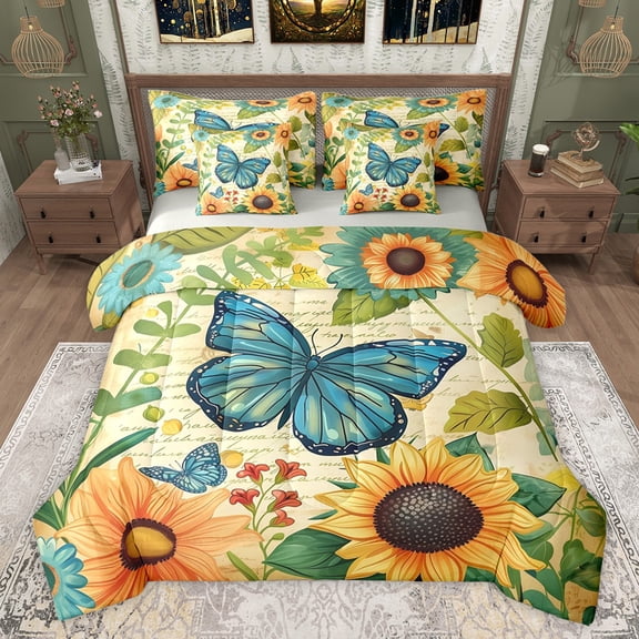 Castle Fairy Chic Flowers Twin Bedding Sets 7-Piece for Boys Girls,Floral Sunflower Butterfly Bedding Comforter Set Microfiber,Vintage Aesthetic Breathable Sheet Sets,Lightweight Room Decor