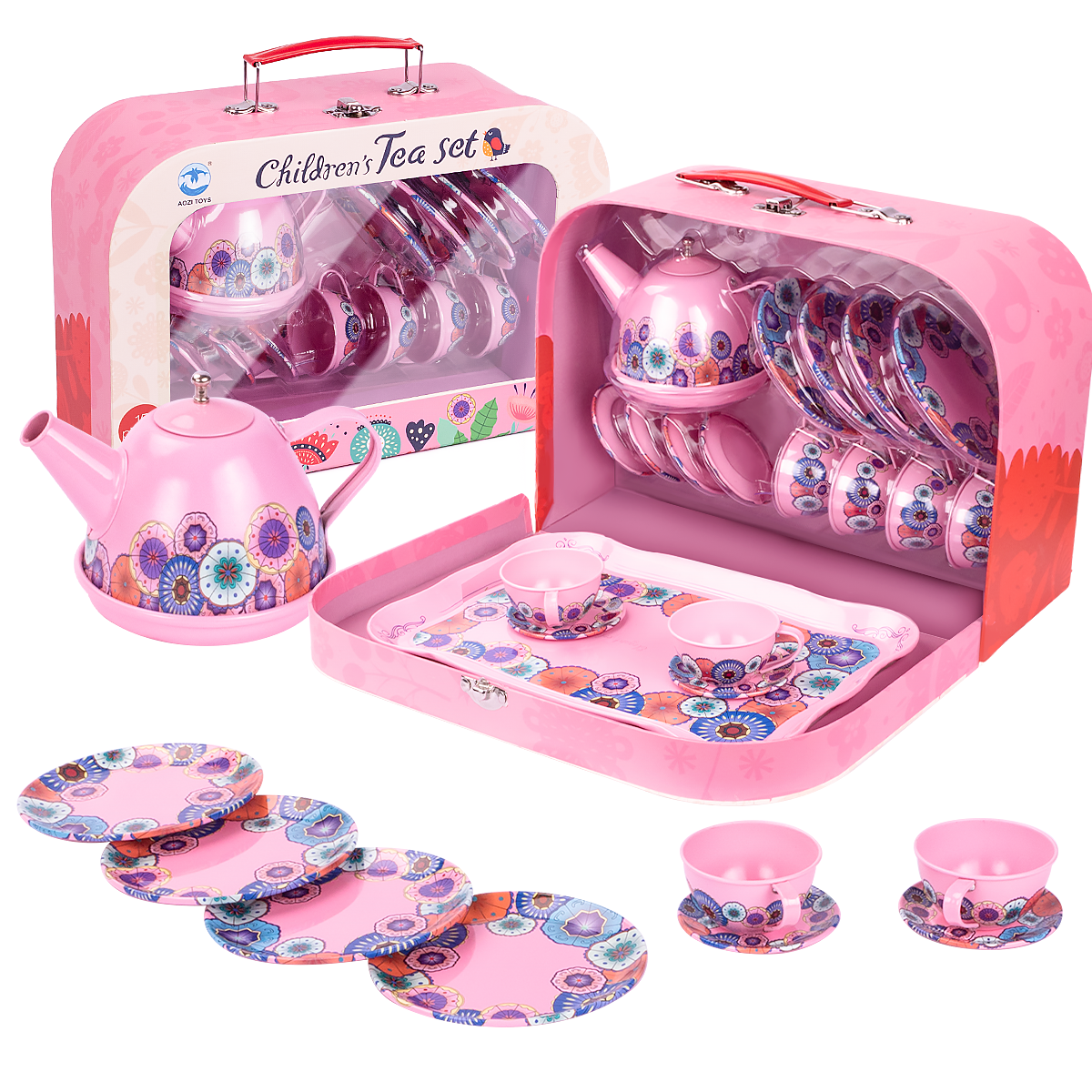 Tin Tea Set with Blue Pretty Pink Flowers for Children Pretend Play 