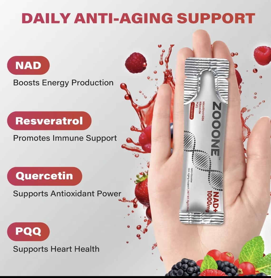 PQQ1000 Zooone Drink Mix 1000MG-NAD, Mix Berry Flavored, for Skin Aging and Energy Supplementation, 30 Packs, 10g