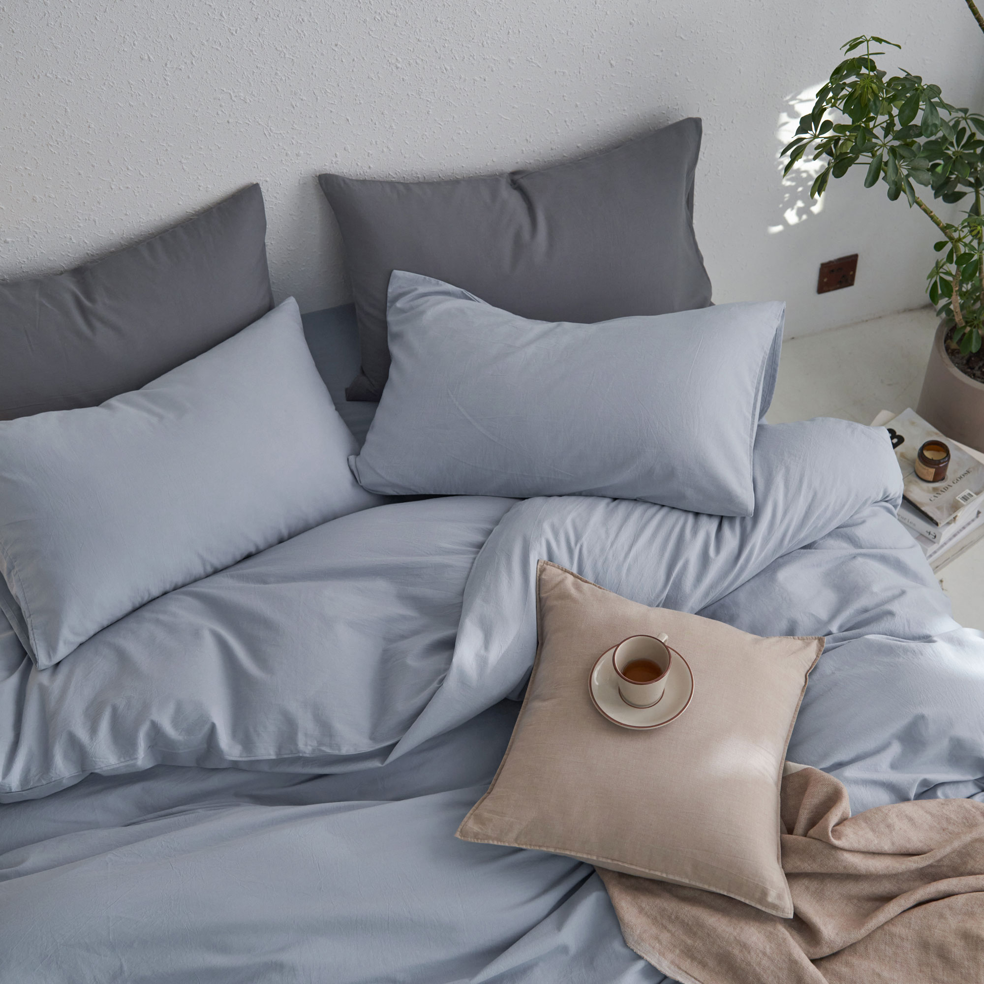 MooMee Duvet Cover Set Queen 100% Washed Cotton Twill Ultra-Soft Breathable Linen Like 3-Piece (Cornflower Blue, 90"x90")