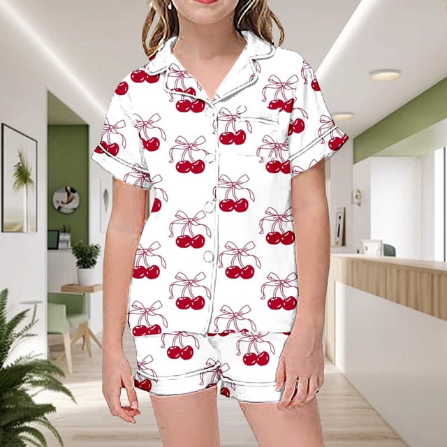 Ensemble de Pyjama pour Petite Fille, Imprimé de Nœuds, Chemise Boutonnée, Hauts Unis, Ensemble T-Shirt, Ensemble de Pyjamas Classique, Pyjama pour Petite Fille, Taille 6T