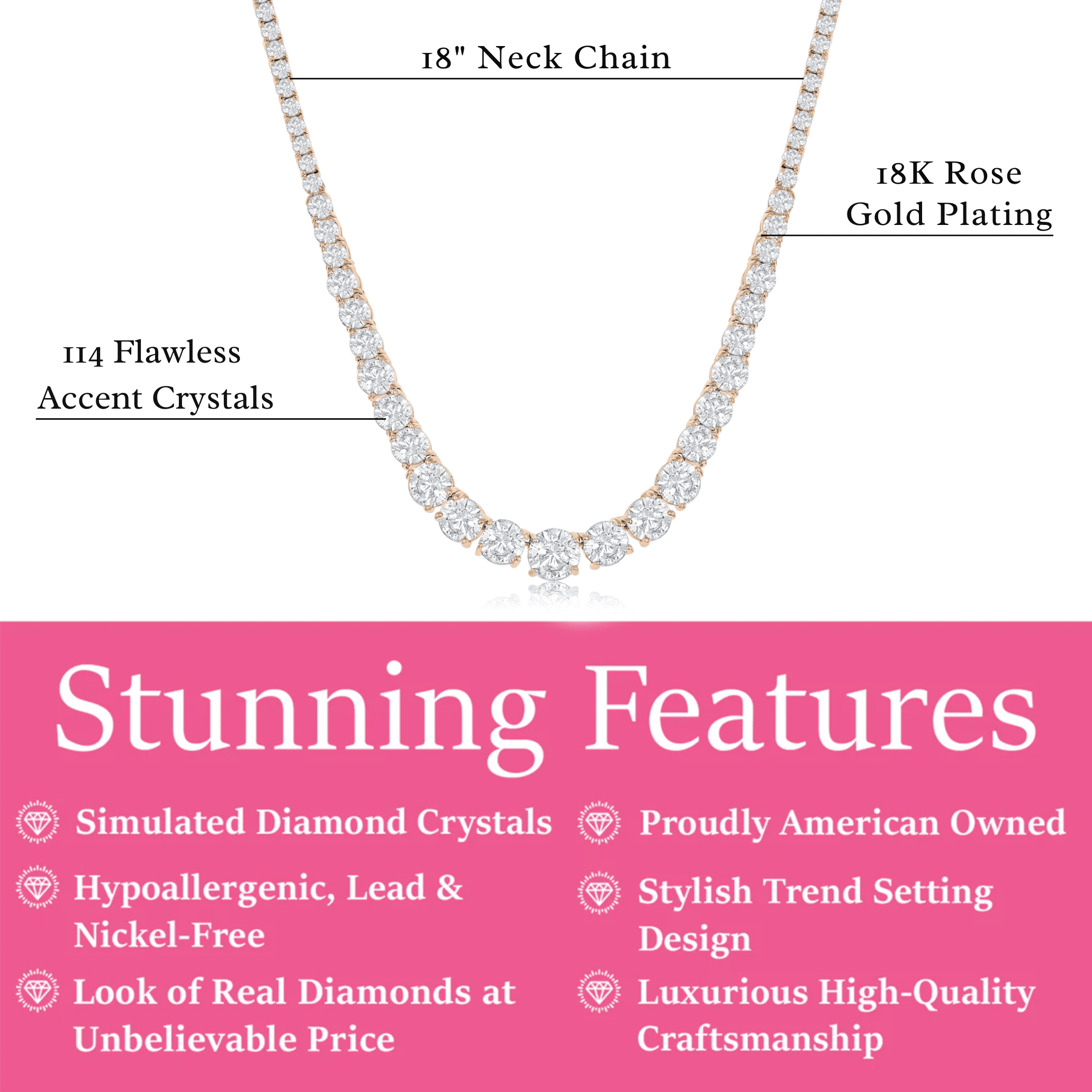 Cate & Chloe Whitney 18k Rose Gold Plated Pendant Necklace with Simulated Diamond Crystals for Women