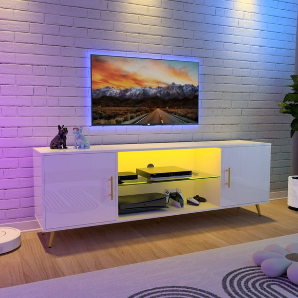 ChVans TV Stand for 75+ inch TV with LED Lights, High Gloss