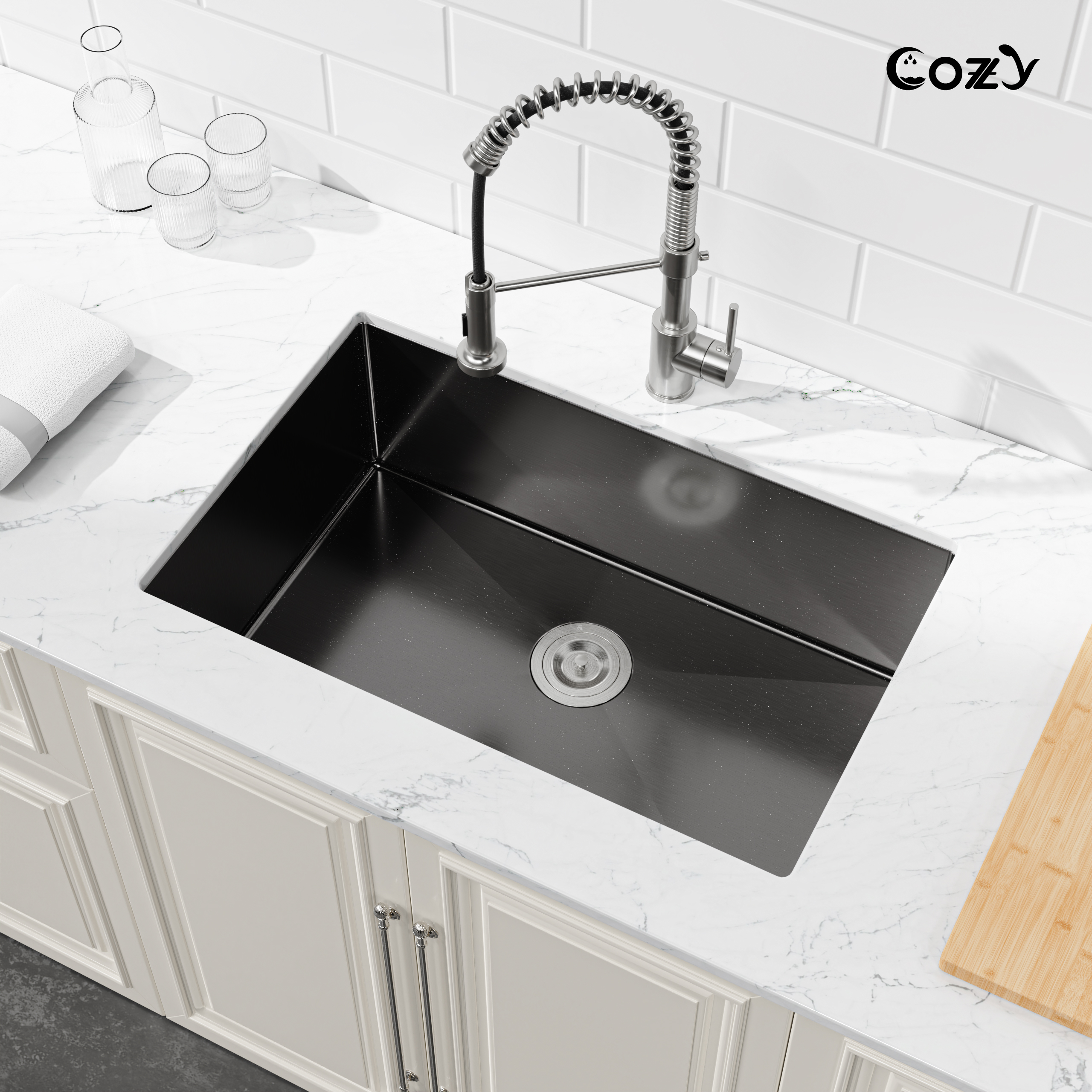 COZY 30″x19″ Stainless Steel Kitchen Sink, Single Bowl, Undermount Handmade Sink in Brushed Nickel, with US Standard Drain and Hook, SS-BL04D-301908