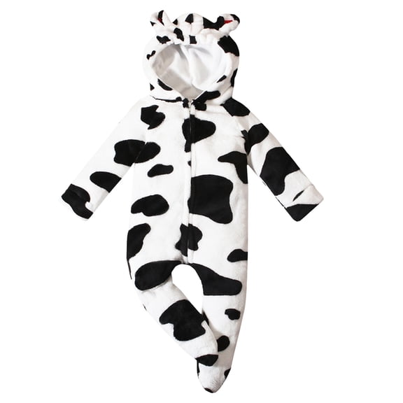 Coerni Baby Cow Print Onesie Soft Plush Footed Jumpsuit Cute 3D Cow Hood Infant Boys & Girls Winter Cozy Warm One Piece Clothes