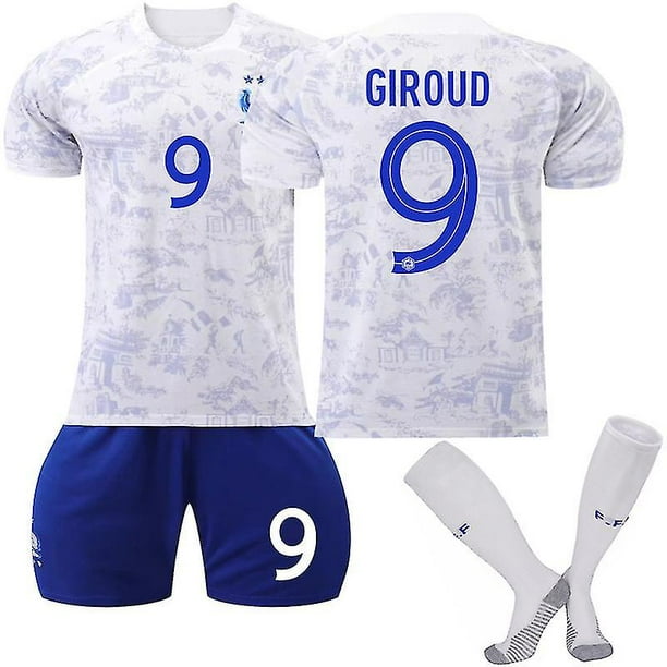 28 (150-160 CM) Camiseta de visitante de Francia 2022/23 Copa del mundo Giroud # 9 Camiseta de fútbol Camiseta Pantalones cortos Conjuntos de fútbol Conjuntos de 3 piezas para niños adultos esquí esquí Gafas de esquí