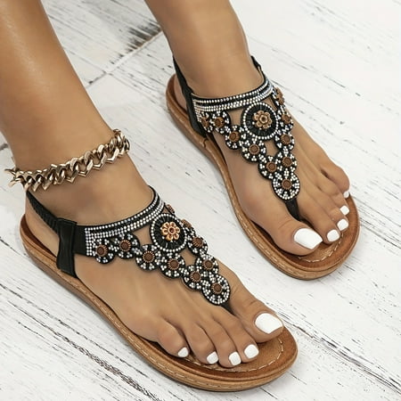 

Boho Chic Flower Rhinestone Flat Sandals - Comfy Elastic Strap - Perfect for Summer Beach and Casual Wear