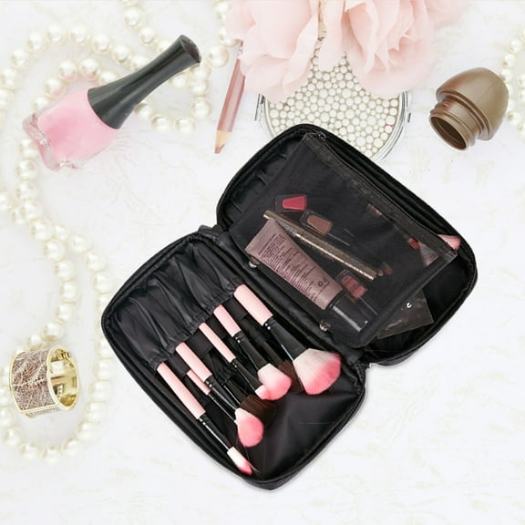 OATIPHO Black Fabric Cosmetic Brush Bag Portable Makeup Organizer for Travel Storage 8.5 x 4.5 x 4 Inches