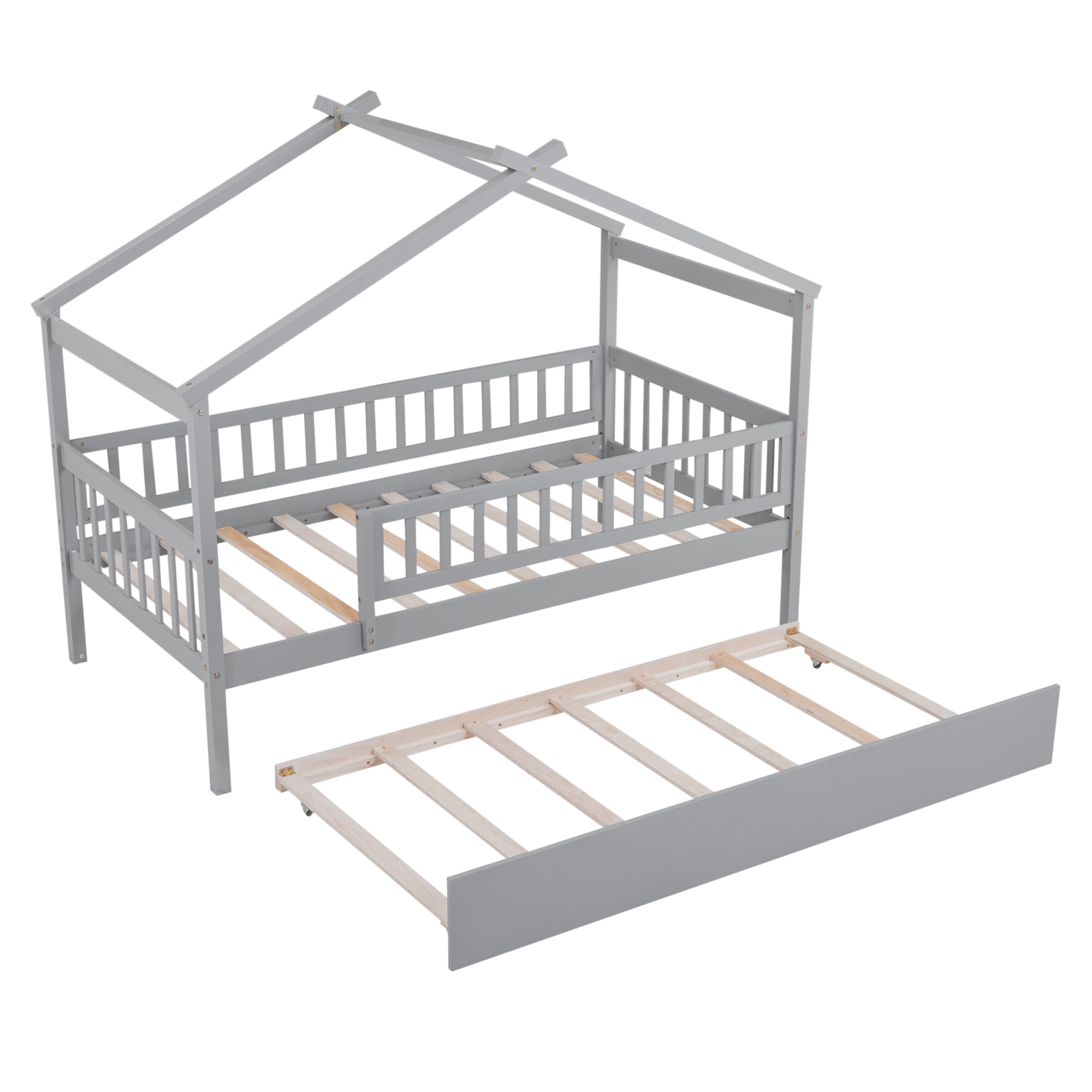 Bellemave Twin Size House Bed with Trundle Playhouse Platform Bed Wooden House-shaped Bed Frame with Fence Guardrail and Roof Tent Beds for Teens (Gray, Twin Size)