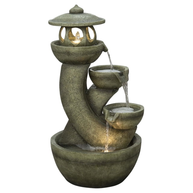 Angelo Décor Tamura Lantern Fountain with energy-efficient pump and LED lighting, a 32-inch tall outdoor water fountain in a traditional lantern silhouette made from durable Comp-Cast stone resin, featuring three cascading bowls with flowing water and soft LED illumination, ideal for patios, gardens, or courtyards to enhance outdoor decor and relaxation.