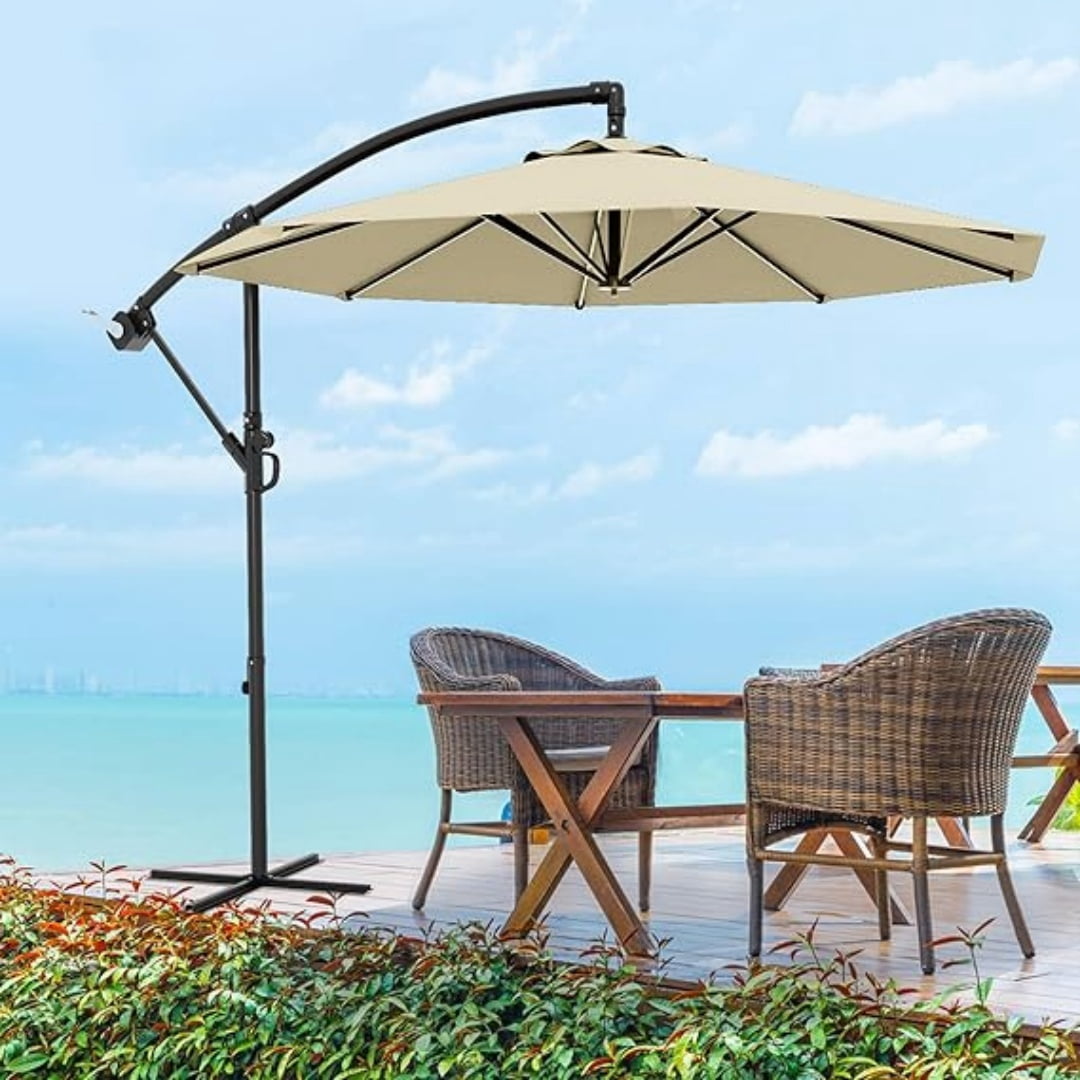 10FT Cantilever Patio Umbrella with Heavy-Duty Cross Base, Outdoor Offset Market Umbrella with Infinite Tilt & Easy Crank Lift – Waterproof, UV-Resistant, Wind-Resistant, Sturdy Aluminum Pole