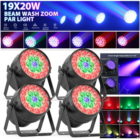 4pcs Stage Lights, 4in1 RGBW LED Par Light with Music Sync, Beam/Wash/Zoom Effect Strobe DMX Control DJ Uplights for Bar Live Music Show Wedding Party Disco Dance