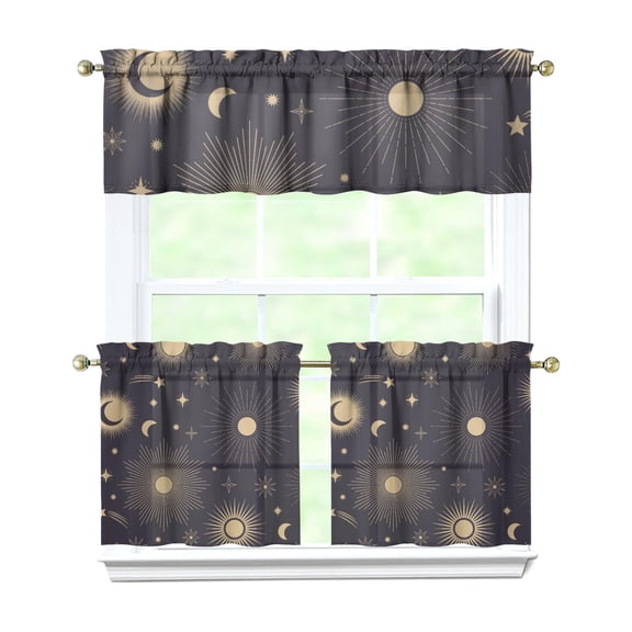 Cosmic Sun and Moon Kitchen Curtains Set Celestial Gothic Witchy Tier and Valance Set Starry Astrology Print Aesthetic Rod Pocket Window Curtains