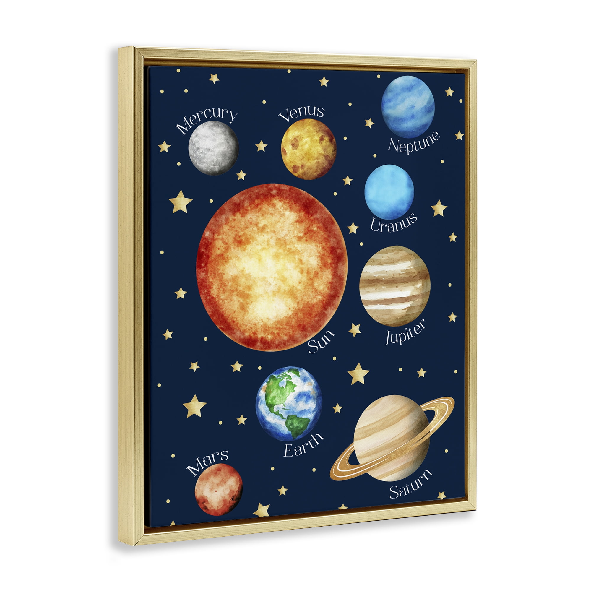 Educational Solar System Space Gold Framed Floater Canvas Wall Art, design by Christine Simpson Art