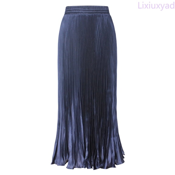 Lixiuxyad Women's Maxi Skirt Women's Elastic Waist Satin Metallic Pleated Long Swing Skirt,Blue