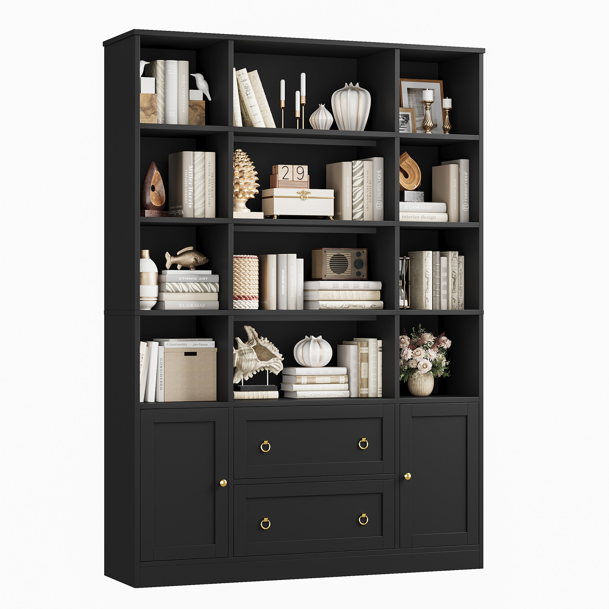 Homfa 71″ Tall Bookcases with Storage Drawers & Doors, 12 Cubes 4-Tier Triple Row Bookshelf, Black Bookcase for Living Room Home Office