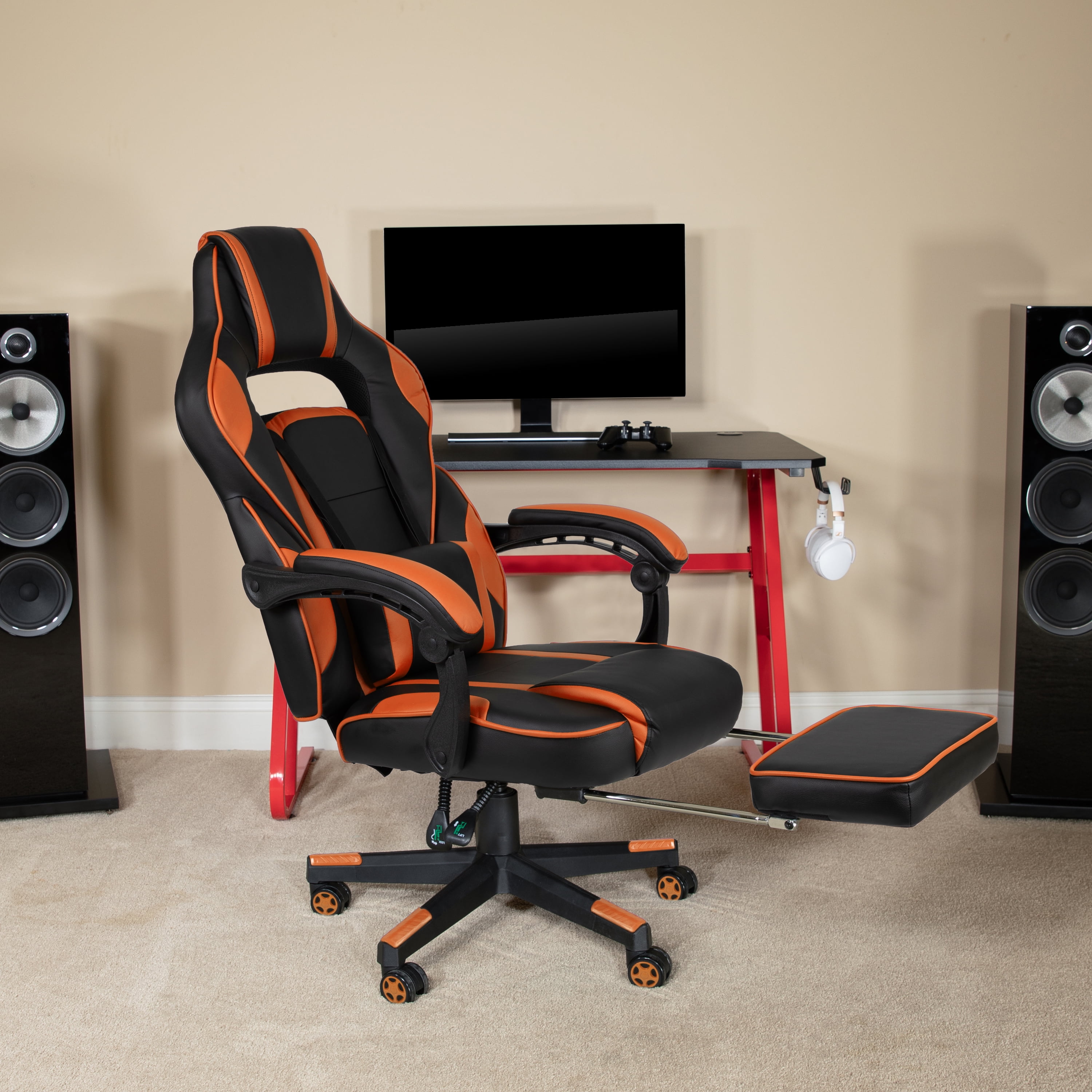 EMMA + OLIVER Reclining Back Leather PC Gaming Chair with Massaging Lumbar, Black Orange