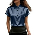 thumbnail image 6 of RYRJJ Womens Satin Blouse Summer Trendy Short Sleeve Silk Button Down Shirts Business Casual Work Tops with Pockets(Navy,S), 6 of 9