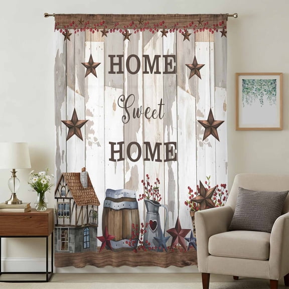 Farmhouse Sheer Curtains 96 Inches Long, Retro Country Star Berry Vintage Wood Grain Light Filering Curtains, Privacy Drapes Simi Floor to Veiling Curtain for Living Room Bedroom Window Treatment