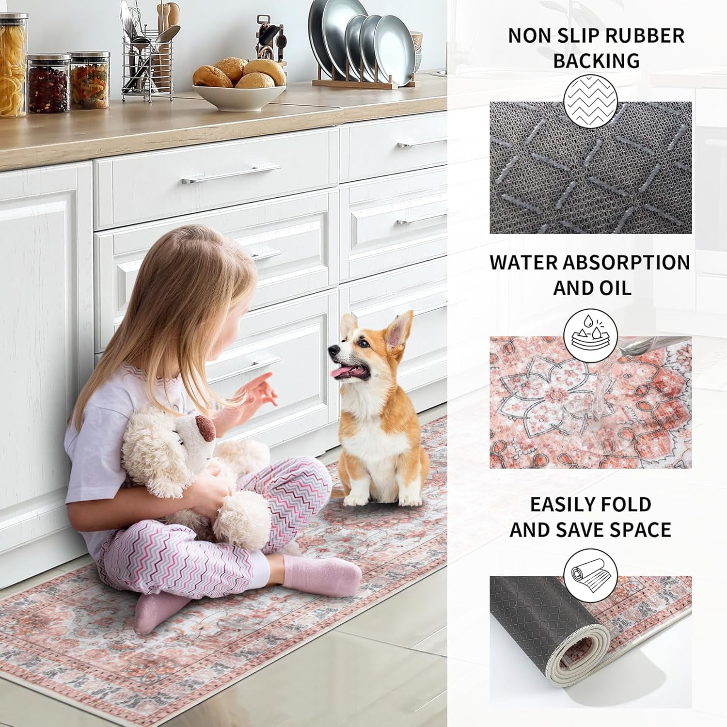 Kitchen Rugs Sets of 3 Kitchen Mats for Floor 3 Piece Set Non Slip Washable Pink Kitchen Mat Set Kitchen Runner Rug Carpet for Laundry Room Front Door