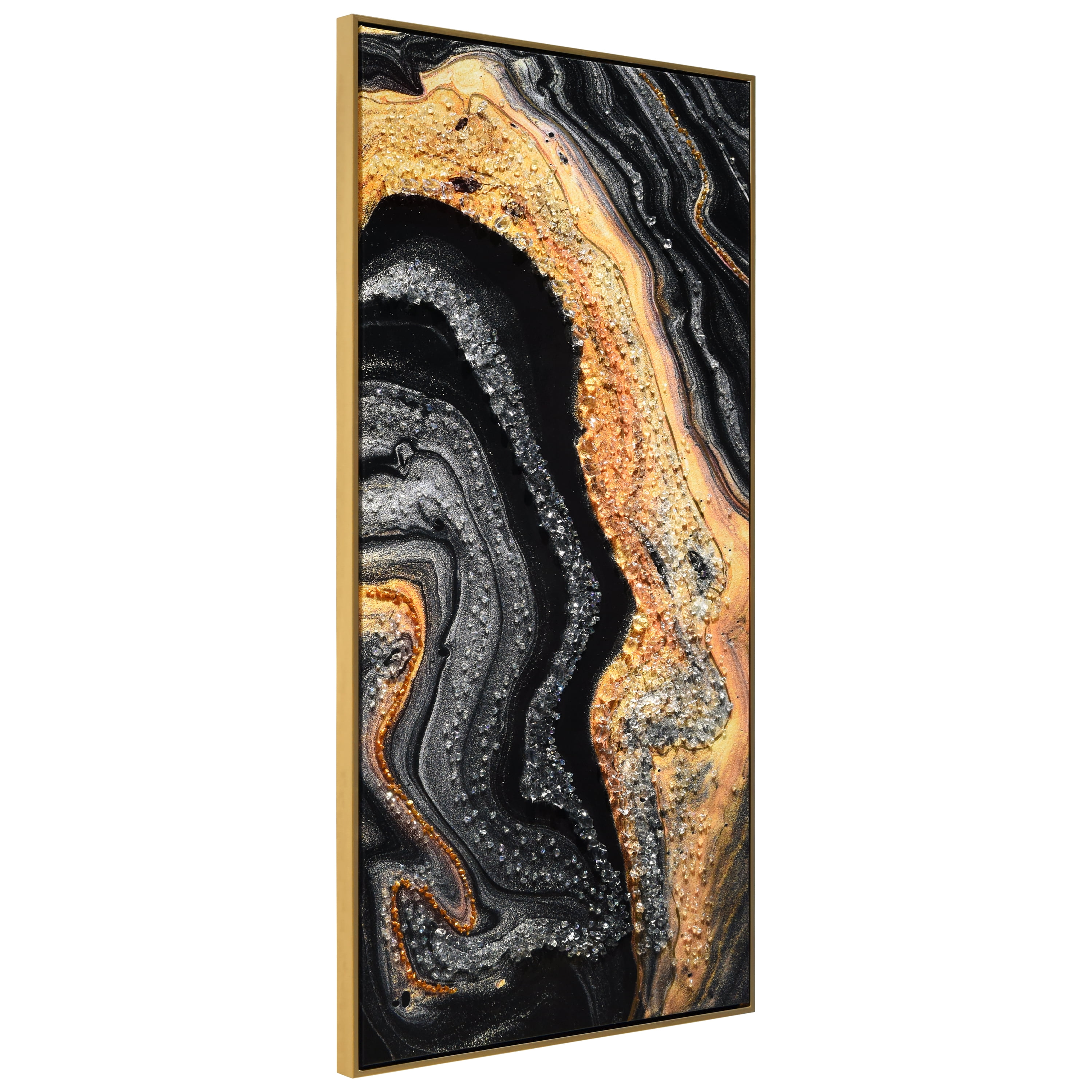 "Golden Veins IV" Crystallus Epoxy Coated Wrapped Framed Glossy AbstractCanvas Wall Art with Heavy Acrylic Crystal Shards Embellishments