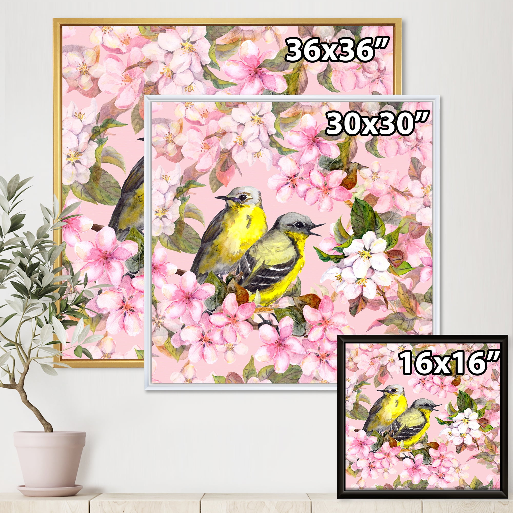 Designart 'Birds On Pink Cherry Sakura and Apple Flowers I' Traditional Framed Canvas Wall Art Print