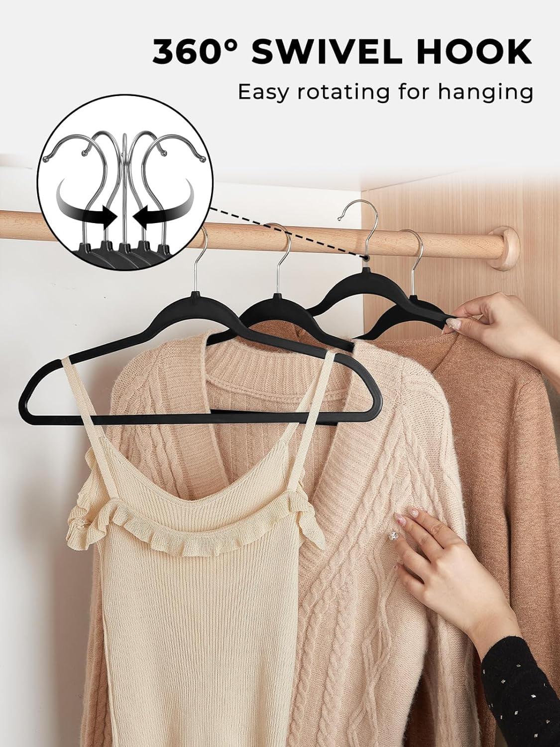 Cozymood Heavy Duty Plastic Hangers 50 Pack, Slim Clothes Hangers with 360° Swivel Hook & Non-Slip Saving Closet Hangers,Black
