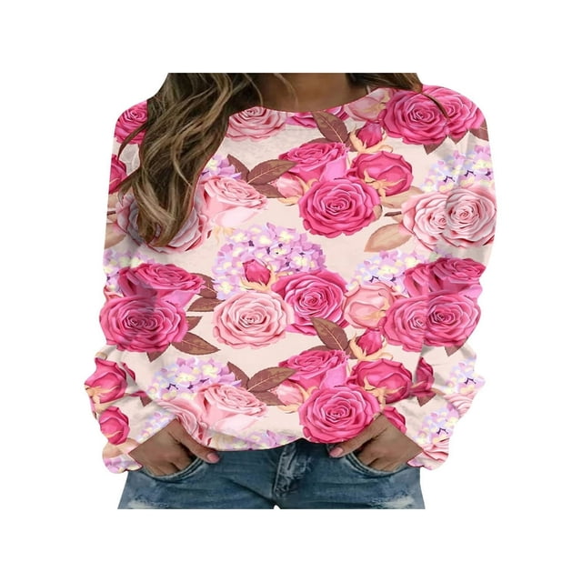 PENGXIANG Femmes Chemises Casual Col Rond Manches Longues Pull Tops Mode Amour Coeur Graphique Sweatshirt