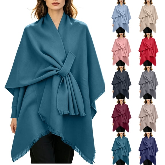 Fewfanhot Self Tie Fringe Wool Blend Poncho Cape, Open Front Warm Wrap Shawl Coat for Women Fall Winter