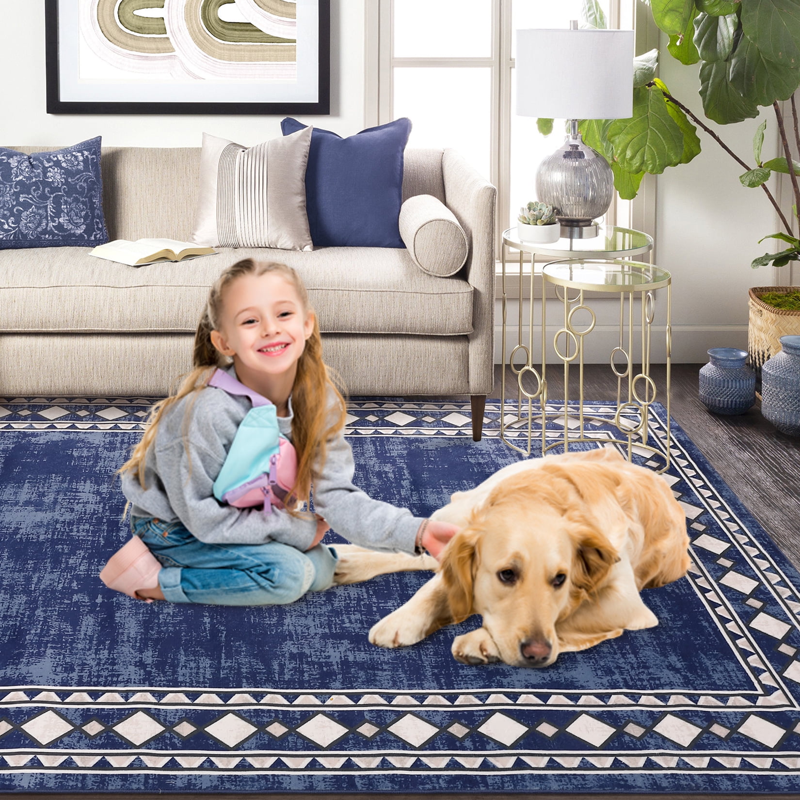 Garvee 10'x13' Geometric Bordered Area Rugs Contemporary Rugs for Living Room, Non-Slip Washable Rugs Soft Throw Rugs Low-Pile Stain Resistant Carpet for Bedroom Dining Room Farmhouse, Blue